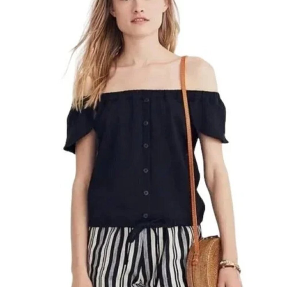 Madewell Texture & Thread Button-Front Off the Shoulder Black Top - Size Small